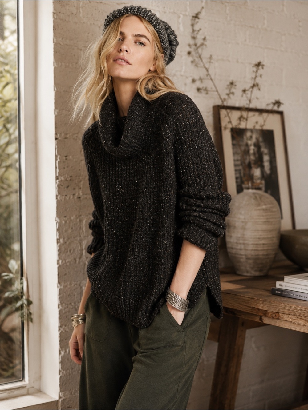 Free People Dylan Tweedy Black Cowl Neck Oversized Sweater Small